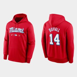 Superb Miami Marlins #14 Adam Duvall Men's Nike 2021 City Connect Therma Hoodie Red