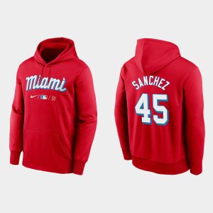 Superb Miami Marlins #45 Sixto Sanchez Men's Nike 2021 City Connect Therma Hoodie Red