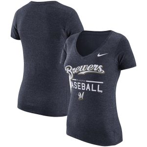 Superb Milwaukee Brewers Nike Women's Practice 1.7 Tri Blend V Neck T Shirt Heathered Navy