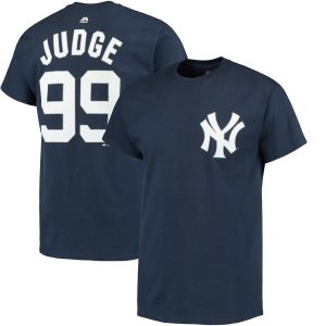 Superb New York Yankees #99 Aaron Judge Majestic Official Name & Number T Shirt Navy