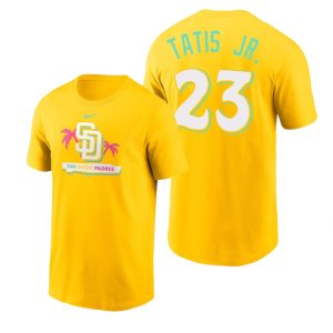 Superb San Diego Padres #23 Fernando Tatis Jr. 2022 City Connect Men's MLB T Shirt   Yellow Hurry Exclusive offer Place your order immediately for a great jersey