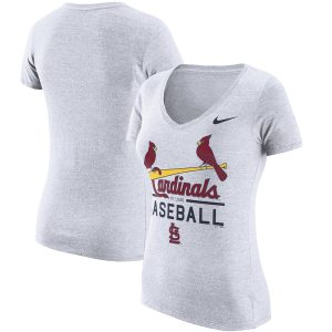 Superb St. Louis Cardinals Nike Women's Practice 1.7 Tri Blend V Neck T Shirt Heathered White