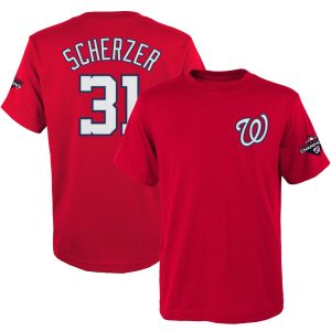 Superb Washington Nationals #31 Max Scherzer Majestic Youth 2019 World Series Champions Name & Number T Shirt Red