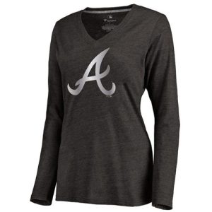 Superb Women's Atlanta Braves Platinum Collection Long Sleeve V Neck Tri Blend T Shirt Black