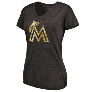Superb Women's Miami Marlins Fanatics Apparel Gold Collection Tri Blend V Neck T Shirt Black
